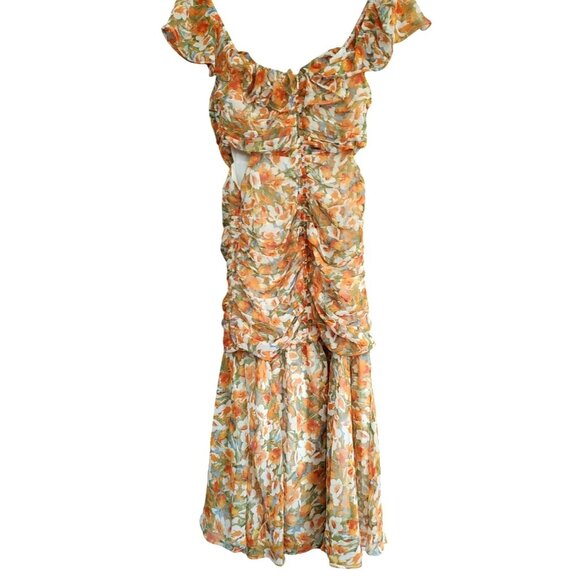 ASTR The Label Orange Floral Ruched Midi Milkmaid Dress Ruffle Sleeves Sz M NWT - Picture 2 of 6